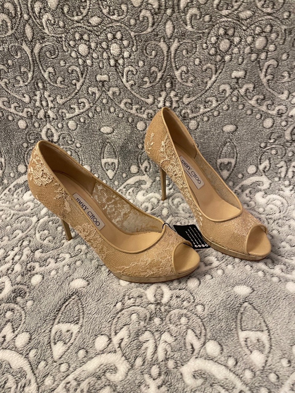 Jimmy Choo Luna Peep Toe Heels in Beige Lace Leather- Size 38